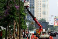 Petugas Suku Dinas PE Jakarta Pusat bersama Satgas PJU, mencabut dan menggeser tiang listrik dan lampu penerangan jalan yang menghalangi jalur sepeda di trotoar Jalan Asia Afrika dan Jalan Gelora, Senayan, Jakarta, 