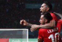 Selebrasi Gol Kedua pesepak bola Indonesia Oleh Alberto Goncalves pada babak kedua antara Chinese Taipei melawan Indonesia pada pertandingan Grup A Asian Games ke-18 di Stadion Patriot, Bekasi Minggu (12/8/2018).