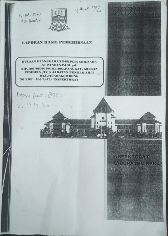 Foto: LHP No: 700.2/42/Inspektorat, atas dugaan pelanggaran disiplin Sdr. Nada Supandi NIP: 196708201991031003