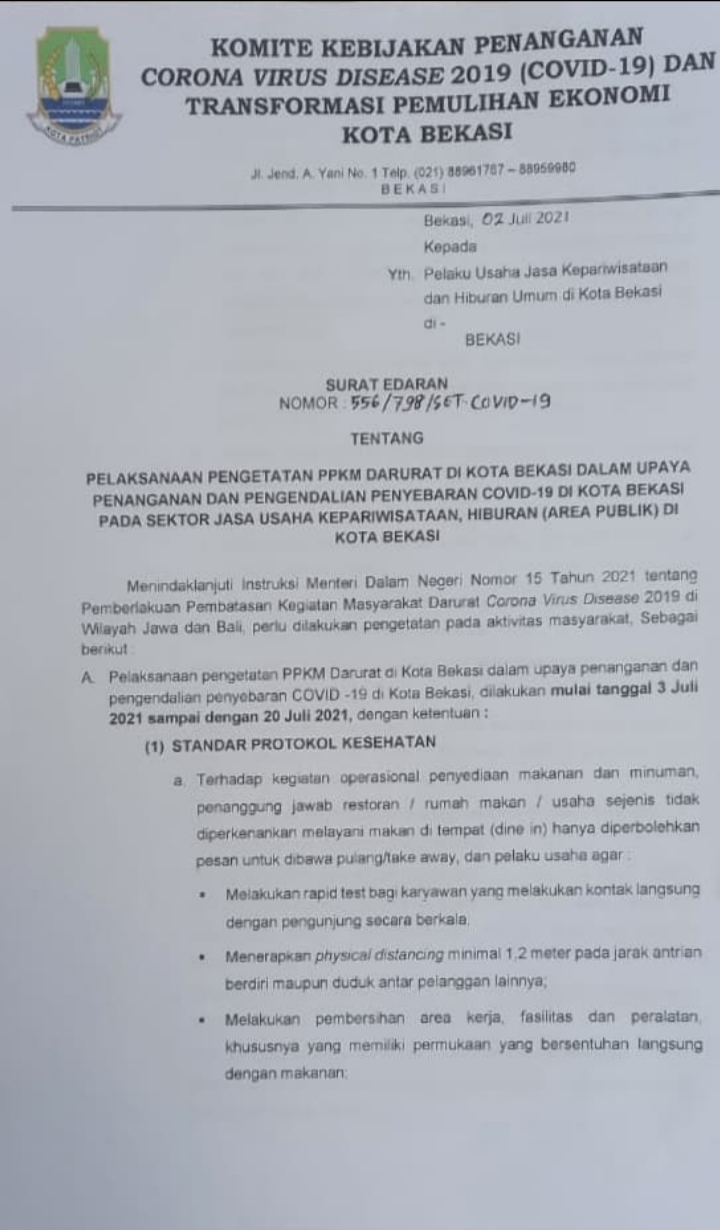 foto: Pemkot Bekasi Keluarkan Surat Edaran PPKM Darurat Sektor Jasa Usaha Kepariwisataan, Hiburan/Area Publik