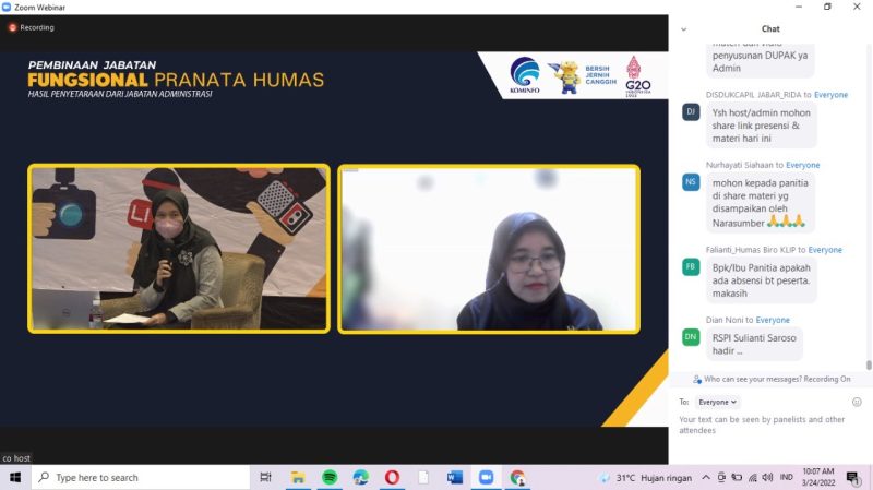 Foto : Webinar secara virtual mengenai Koordinasi Jabatan Fungsional Pranata Humas Tahun 2022 pada Kamis, 24/03/2022.