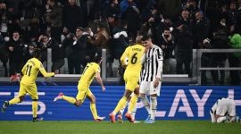 Selebrasi pemain VIllarreal, Gerard Moreno, usai membobol gawnag Juventus.
