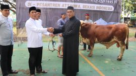 Plh Bupati Bekasi, Iyan Priyatna didampingi Kabag Kesra Setda Kabupaten Bekasi, Indra Satria Nugraha, menyerahkan hewan qurban satu ekor sapi di Pondok Pesantren At-Taqwa Putra, Ujung Harapan Kelurahan Bahagia Kecamatan Babelan, Senin (17/6/2024).
