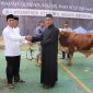 Plh Bupati Bekasi, Iyan Priyatna didampingi Kabag Kesra Setda Kabupaten Bekasi, Indra Satria Nugraha, menyerahkan hewan qurban satu ekor sapi di Pondok Pesantren At-Taqwa Putra, Ujung Harapan Kelurahan Bahagia Kecamatan Babelan, Senin (17/6/2024).
