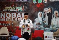 Wakil Wali Kota Bekasi, Abdul Harris Bobihoe, menyampaikan sambutan dalam acara Nobar dan Meet & Greet film GAZA (Hayya 3) di CGV Lagoon Avenue, Kota Bekasi, Rabu (12/6/2025). Kehadiran beliau menjadi simbol dukungan kemanusiaan dan solidaritas terhadap perjuangan rakyat Palestina.