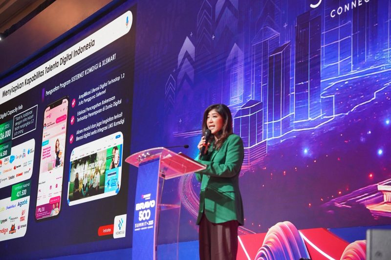 Menteri Komunikasi dan Digital Republik Indonesia, Meutya Hafid, saat menyampaikan sambutan dalam peluncuran program #1JutaSisterDigital pada acara BRAVO 500 Summit 2025 di Jakarta. Program hasil kolaborasi Komdigi dan PT XLSMART Telecom Sejahtera Tbk ini bertujuan mempercepat literasi digital dan pemberdayaan perempuan Indonesia melalui teknologi dan kecerdasan buatan.
