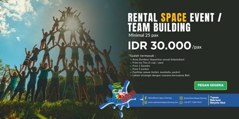 Suasana seru aktivitas team building di WaterBoom Lippo Cikarang yang kini menghadirkan layanan Rental Space Event & Team Building bernuansa Bali dengan harga mulai Rp30 ribu per orang.