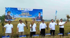 Wakil Bupati Bekasi Asep Surya Atmaja mendampingi Jaksa Agung RI ST Burhanuddin dan Menteri Pertanian Andi Amran Sulaiman saat menghadiri Panen Raya Program Jaksa Mandiri Pangan di Desa Srimahi, Kecamatan Tambun Utara, Kabupaten Bekasi, Selasa (19/8/2025).