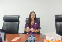 Noa Leatomu saat sesi konferensi pers usai menyaksikan pertandingan semifinal AXIS Nation Cup 2025 di GOR UNJ, Jakarta.