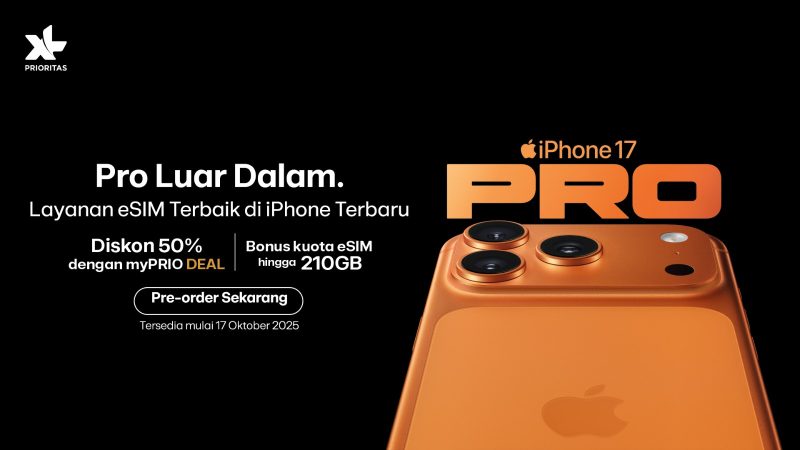Tampilan promosi pre-order iPhone 17 Pro dari XL PRIORITAS. Melalui program myPRIO DEAL, pelanggan dapat menikmati diskon hingga 50 persen dan bonus kuota eSIM hingga 210 GB. Pre-order dibuka mulai 10 Oktober dan tersedia mulai 17 Oktober 2025.
