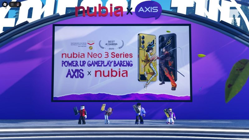 Tampilan virtual stage peluncuran AXIS x nubia Neo 3 Series di platform Roblox – nubia Land, menghadirkan pengalaman interaktif bagi gamer muda Indonesia. Kolaborasi ini menghadirkan smartphone gaming berperforma tinggi dengan kuota hingga 200GB dan bonus unlimited gaming dari AXIS.