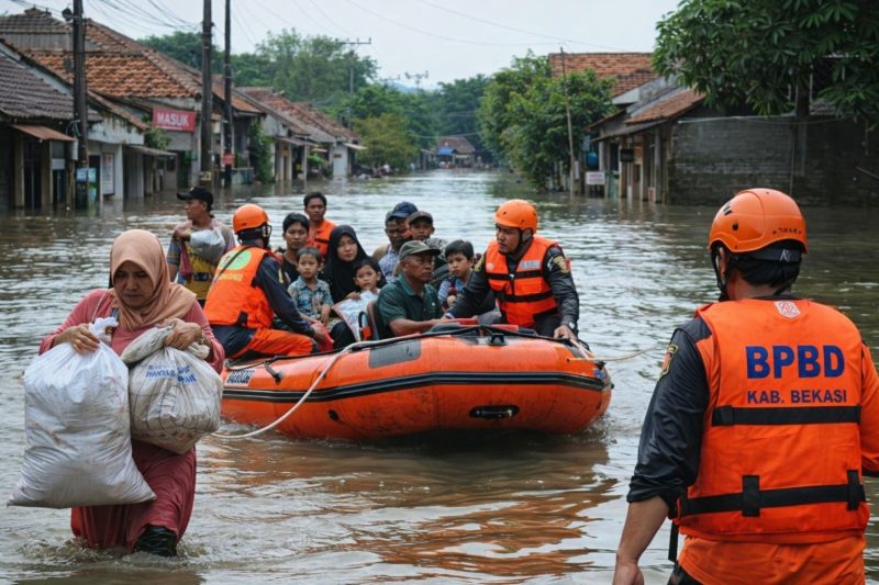Petugas BPBD Kabupaten Bekasi mengevakuasi warga terdampak banjir menggunakan perahu karet di kawasan permukiman yang terendam akibat tingginya curah hujan, Minggu (18/1/2026). Banjir merendam puluhan desa di sejumlah kecamatan dengan ketinggian air bervariasi hingga dua meter.