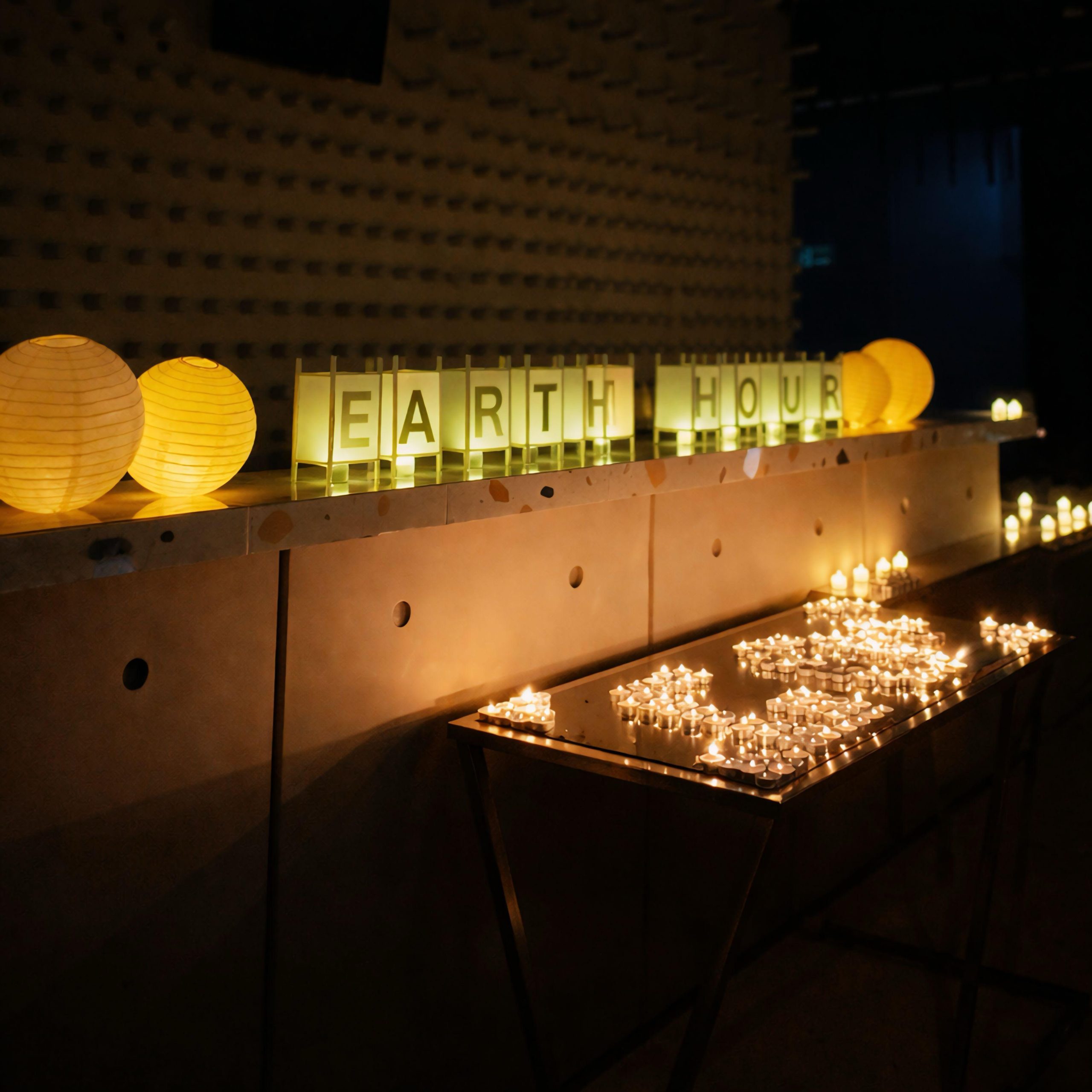 Suasana Earth Hour 2026 di FOX Lite Hotel Cikarang, Sabtu (28/3), ditandai dengan pemadaman lampu dan dekorasi lilin serta lampion ramah lingkungan bertuliskan “Earth Hour” di area lobi.