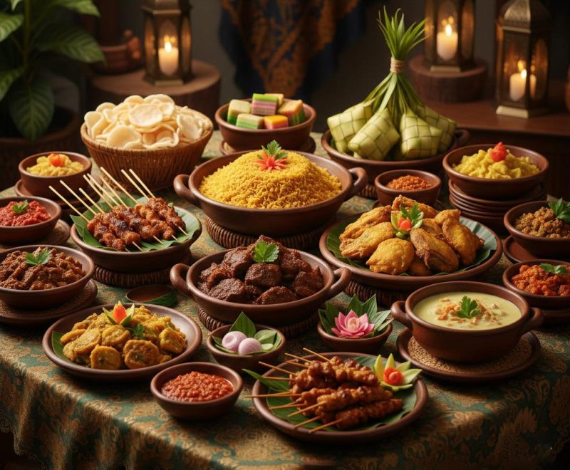 Ilustrasi hidangan khas Lebaran seperti opor ayam, rendang, dan ketupat yang disajikan dalam program brunch Idul Fitri di Harper Cikarang.