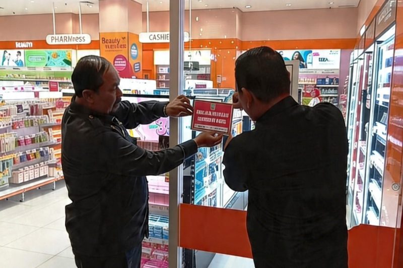 Proses pemasangan stiker peringatan pajak reklame oleh Badan Pendapatan Daerah Kabupaten Bekasi di area pusat perbelanjaan.