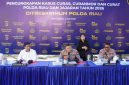 Wakapolda Riau memimpin konferensi pers pengungkapan kasus pencurian dengan kekerasan (curas), pencurian kendaraan bermotor (curanmor), dan pencurian dengan pemberatan (curat) di Mapolda Riau, Pekanbaru, Rabu (3/6/2026). Sepanjang Januari hingga Mei 2026, Polda Riau dan jajaran berhasil mengungkap 1.333 kasus kejahatan jalanan serta mengamankan 525 tersangka. Foto: Humas Polda Riau.