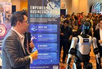 Suasana pameran teknologi dalam ajang BRAVO 500 Summit 2026 di Jakarta, menampilkan demonstrasi solusi kecerdasan buatan (AI) dan robot humanoid di booth XLSMART for BUSINESS. Acara ini menjadi momentum peluncuran ekosistem ESTA yang mengintegrasikan teknologi AI, 5G, dan otomasi untuk mendukung transformasi digital perusahaan di Indonesia.