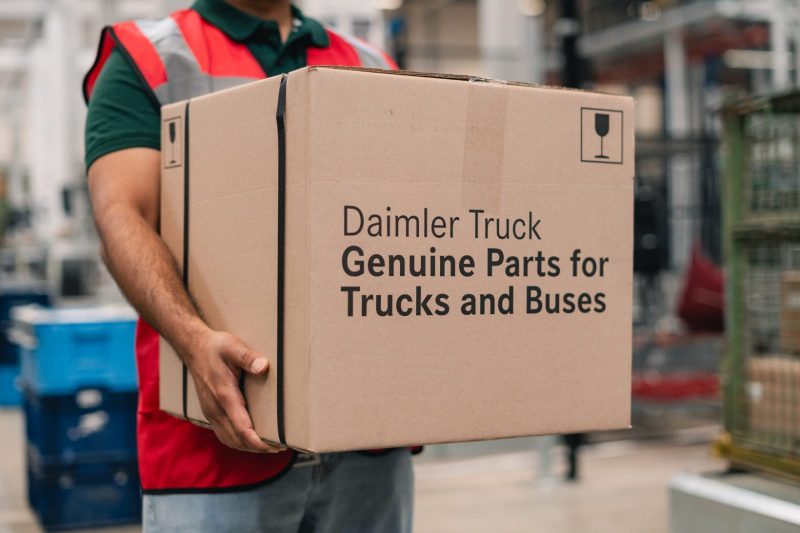 Petugas membawa paket suku cadang asli (genuine parts) Mercedes-Benz Truck di pusat distribusi Daimler Truck. Beroperasinya Global Parts Center di Halberstadt, Jerman, diharapkan mempercepat pasokan suku cadang ke lebih dari 170 negara, termasuk Indonesia, guna mendukung layanan purna jual yang lebih cepat dan andal.