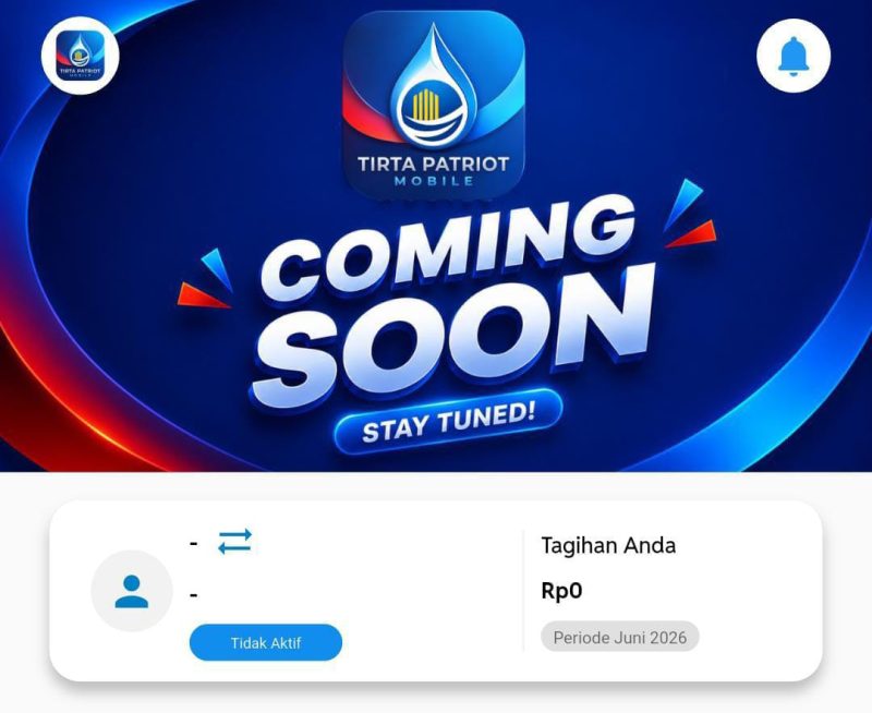 Tampilan promosi aplikasi Tirta Patriot Mobile milik Perumda Tirta Patriot Kota Bekasi yang akan segera diluncurkan, menghadirkan kemudahan layanan pelanggan secara digital dengan fitur pembayaran tagihan dan akses layanan air bersih secara lebih praktis.
