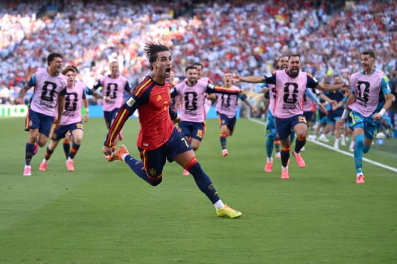 Ferran Torres melakukan selebrasi usai mencetak gol kemenangan Spanyol ke gawang Argentina pada babak perpanjangan waktu final Piala Dunia 2026 di MetLife Stadium, New Jersey, Minggu (19/7).