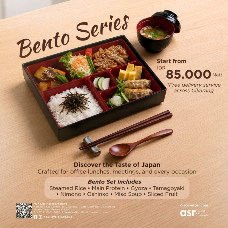 Foto: Bento Series dari FOX Lite Hotel Cikarang menghadirkan pilihan hidangan khas Jepang dalam satu kotak lengkap berisi nasi, protein utama, gyoza, tamagoyaki, nimono, oshinko, miso soup, dan buah segar. Menu ini dibanderol mulai Rp85.000 nett serta tersedia untuk dine in, take away, dan layanan antar gratis di area Cikarang.