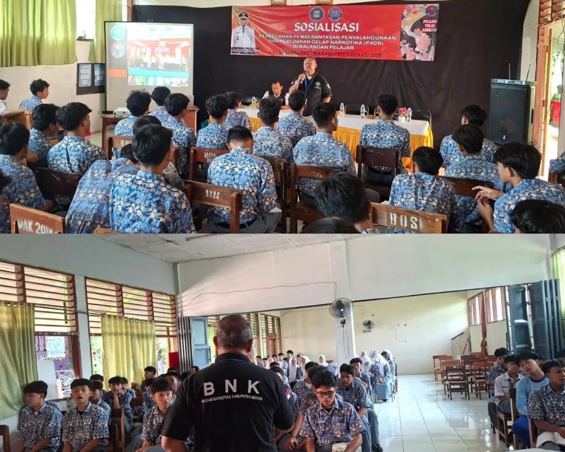 Kepala Bidang Pencegahan BNK Kabupaten Bekasi, Susilo Budiyanto, memberikan sosialisasi Pencegahan, Pemberantasan, Penyalahgunaan, dan Peredaran Gelap Narkotika (P4GN) kepada para pelajar di SMAN 2 Cikarang Utara, Kabupaten Bekasi, pada 8 Juni 2026. Kegiatan ini bertujuan meningkatkan kesadaran generasi muda terhadap bahaya narkoba sekaligus mendorong terciptanya lingkungan sekolah yang bebas dari penyalahgunaan narkotika.