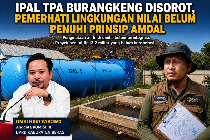 Anggota Komisi III DPRD Kabupaten Bekasi Ombi Hari Wibowo (kiri) bersama Ketua Umum Ahli Salam Semesta sekaligus pemerhati lingkungan Edvin Gunawan (kanan) menyoroti kondisi Instalasi Pengolahan Air Limbah (IPAL) di TPA Burangkeng, Kabupaten Bekasi. Mereka menilai pengelolaan air lindi belum terintegrasi secara optimal dan mendorong percepatan operasional fasilitas IPAL agar memenuhi prinsip Analisis Mengenai Dampak Lingkungan (AMDAL).