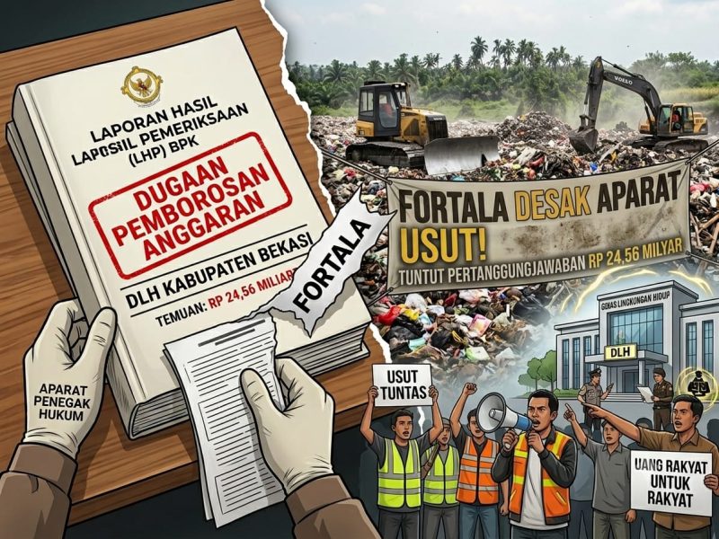 Ilustrasi temuan Badan Pemeriksa Keuangan (BPK) terkait dugaan pemborosan anggaran sebesar Rp24,56 miliar di Dinas Lingkungan Hidup (DLH) Kabupaten Bekasi. Forum Tata Kelola (FORTALA) Indonesia mendesak aparat penegak hukum mengusut temuan tersebut serta meminta pemerintah daerah membuka hasil tindak lanjut secara transparan.