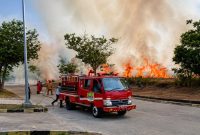 Petugas Dinas Pemadam Kebakaran (Disdamkar) Kabupaten Bekasi berjibaku memadamkan kebakaran lahan kosong di kawasan Bukit Cinta, Jalan Kodam, Desa Sukadami, Kecamatan Cikarang Selatan, Selasa (28/7/2026).