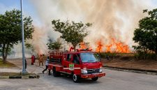 Petugas Dinas Pemadam Kebakaran (Disdamkar) Kabupaten Bekasi berjibaku memadamkan kebakaran lahan kosong di kawasan Bukit Cinta, Jalan Kodam, Desa Sukadami, Kecamatan Cikarang Selatan, Selasa (28/7/2026).
