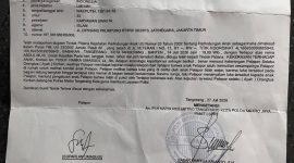 Surat Tanda Penerimaan Laporan dari Polres Metro Tangerang Kota terkait laporan dugaan kekerasan terhadap anak berusia 3 tahun di wilayah Sukasari, Kota Tangerang, yang dilaporkan pada 27 Juli 2026.