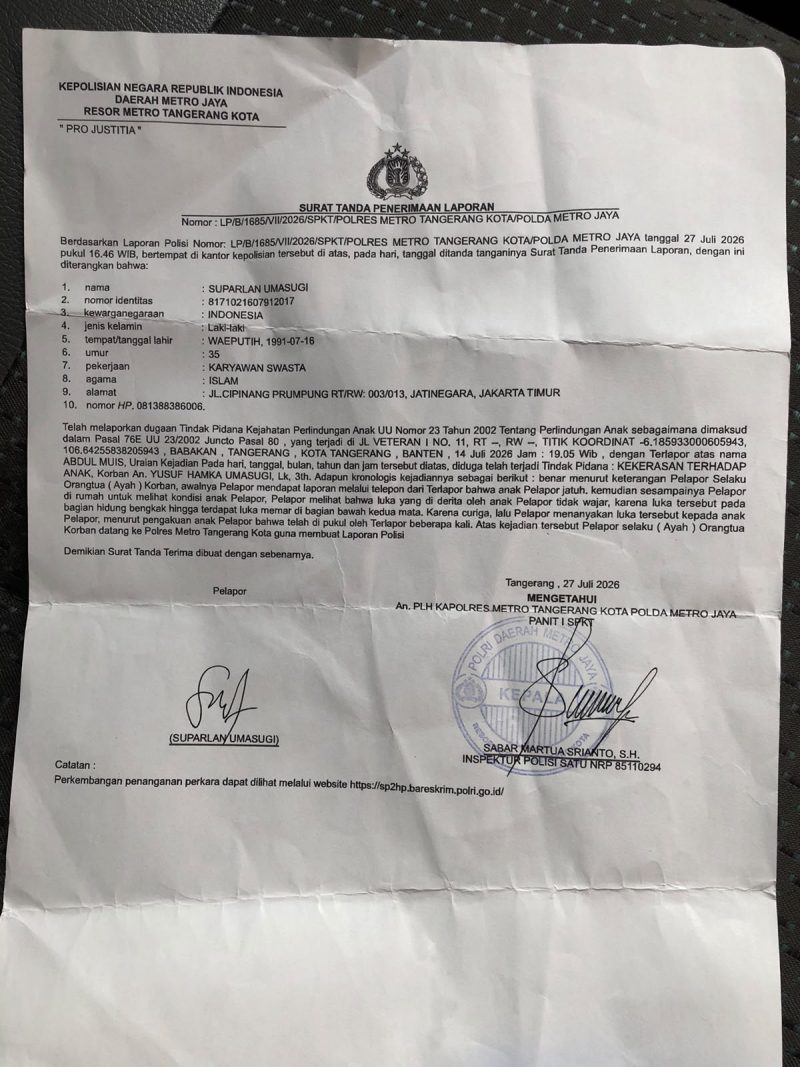 Surat Tanda Penerimaan Laporan dari Polres Metro Tangerang Kota terkait laporan dugaan kekerasan terhadap anak berusia 3 tahun di wilayah Sukasari, Kota Tangerang, yang dilaporkan pada 27 Juli 2026.
