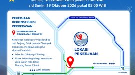 PT Jasamarga Transjawa Tol (JTT) memberlakukan pengaturan lalu lintas di Simpang Susun Cikunir arah Cikampek pada 16–19 Oktober 2026. Kendaraan Golongan V tipe lowbed dari arah Tanjung Priok menuju Cikampek diimbau menggunakan jalur alternatif melalui Tol Cibitung–Cilincing atau akses Jatiwaringin.