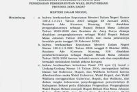 Dokumen Keputusan Menteri Dalam Negeri Nomor 100.2.1.3-3282 Tahun 2026 tentang pengesahan pengangkatan Asep Surya Atmaja sebagai Bupati Bekasi untuk sisa masa jabatan 2025–2030 sekaligus pemberhentian dari jabatan Wakil Bupati Bekasi. Keputusan ditetapkan di Jakarta pada 19 Oktober 2026.