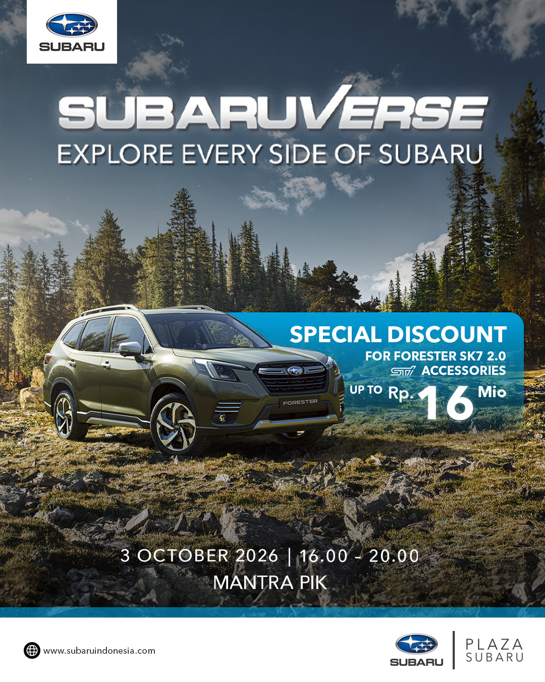 PT Plaza Auto Mega menghadirkan SUBARUVERSE di Jakarta, Jumat (3/10/2026), dengan empat konsep pengalaman, yakni SUBARU SPEEDVERSE, WILDVERSE, PAWVERSE, dan PLAYVERSE yang merepresentasikan karakter Subaru.